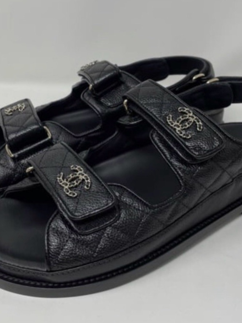 CHANEL DAD Black Leather Quilted Chain CC Logo Mule Slide Flat Sandal Gold 39